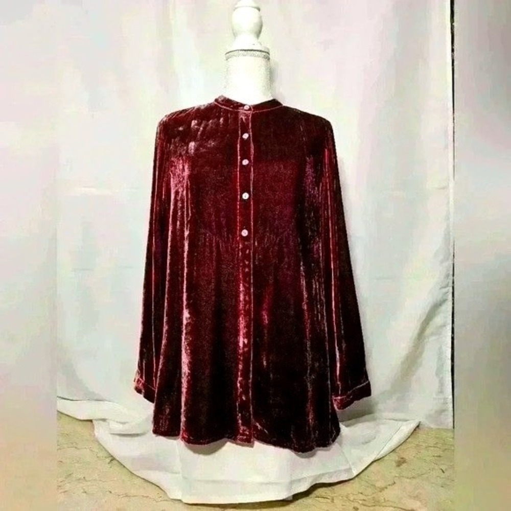 J. Jill Womens Velvety Burgundy Soft Button-up Tunic Blouse Size Small